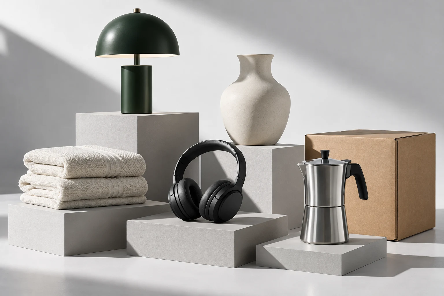 Studio composition of household goods, electronics and a shipping carton